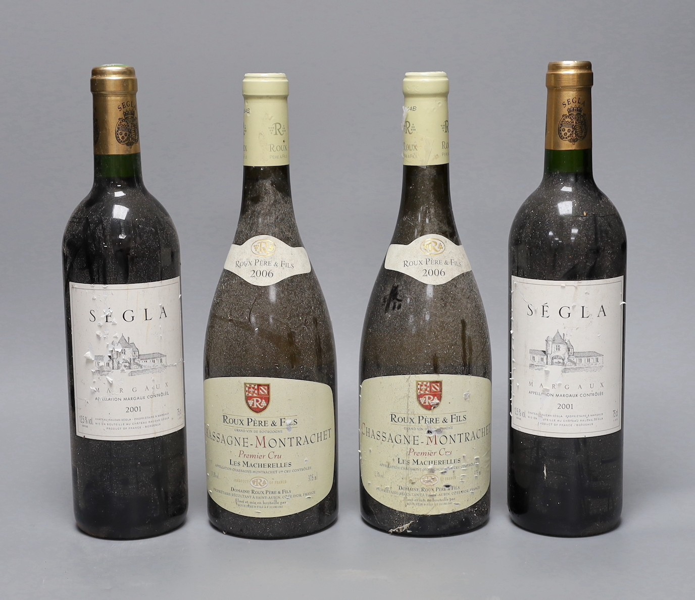 Wine: Two bottles of Roux Père & Fils Chassagne-Montrachet 2006 and two bottles of Ségla Margaux 2001
